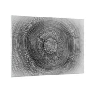 Glasbild - Bild auf glas - Konzentrische Linien von Baumringen, dargestellt in einer Schwarz-Weiß-Ästhetik - 70x50cm - Zeichen der Zeit - Moderne Wanddekoration für Wohnzimmer und Schlafzimmer ARTTOR