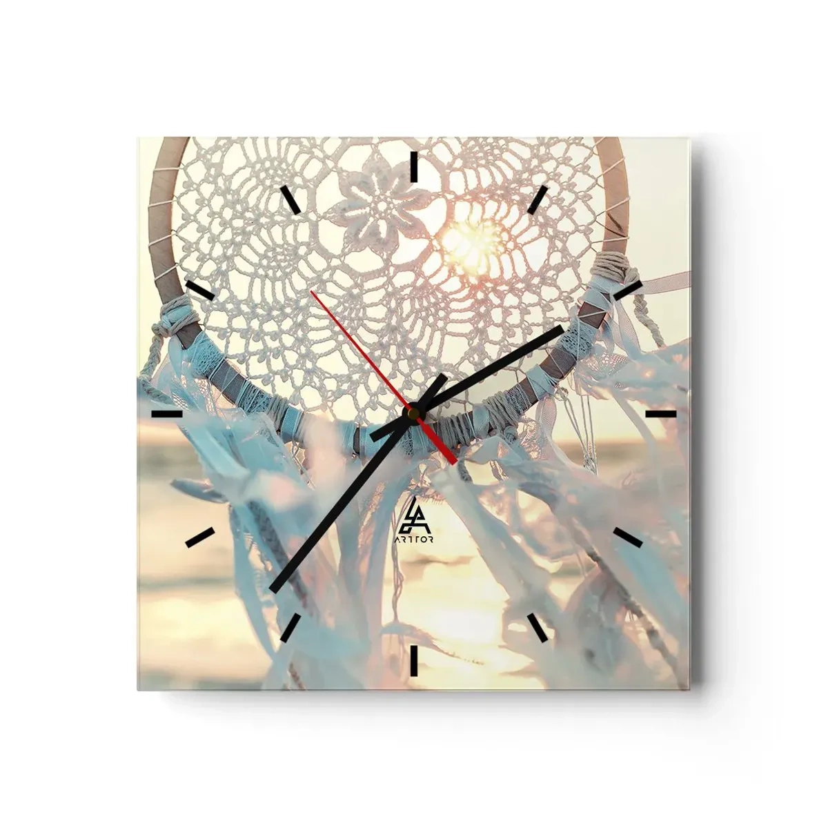 Wanduhr - Glasuhr - Ein zarter Traumfänger vor dem Hintergrund der untergehenden Sonne - 30x30cm - Totem aus Spitze - Moderne Wanddekoration für Wohnzimmer und Schlafzimmer ARTTOR