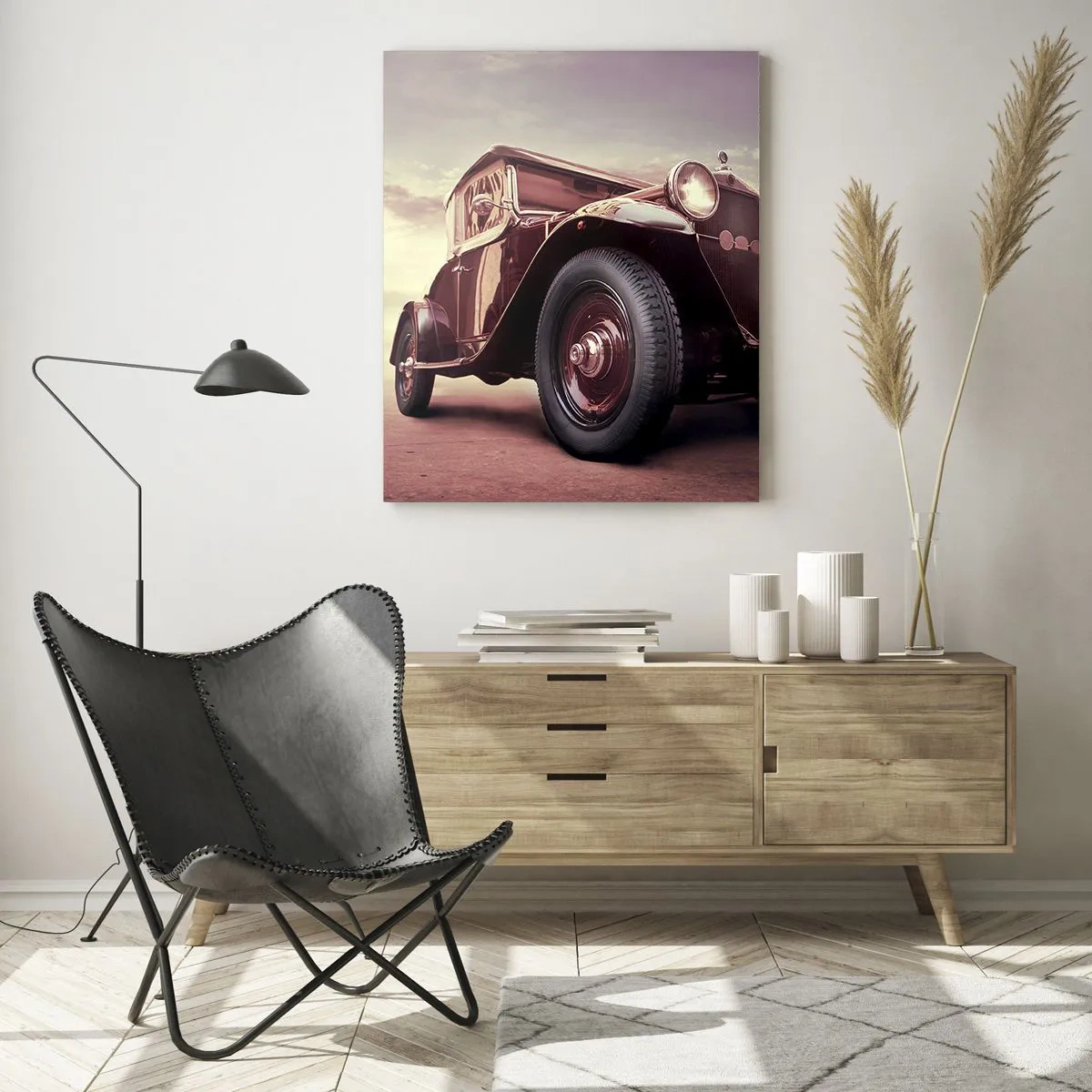 Glasbild - Bild auf glas - Ein Oldtimer im klassischen Stil vor dem Himmel - 70x100cm - Gehen wir zurück wie in alten Zeiten ... - Moderne Wanddekoration für Wohnzimmer und Schlafzimmer ARTTOR