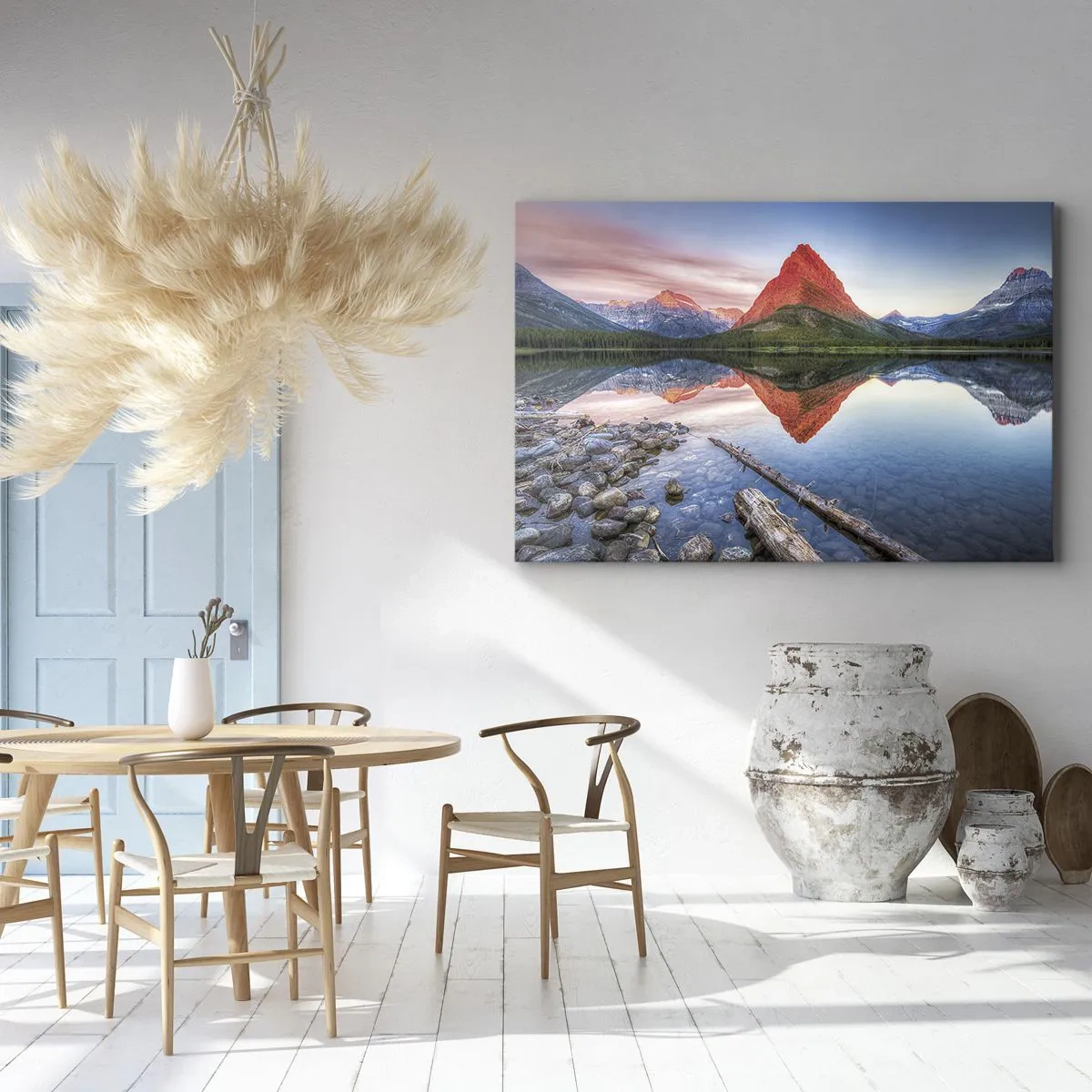 Bild auf Leinwand - Leinwandbild - Ein Berg, der sich bei Sonnenuntergang in einem See spiegelt - 100x70cm - Hitze und Kälte - Moderne Wanddekoration für Wohnzimmer und Schlafzimmer ARTTOR