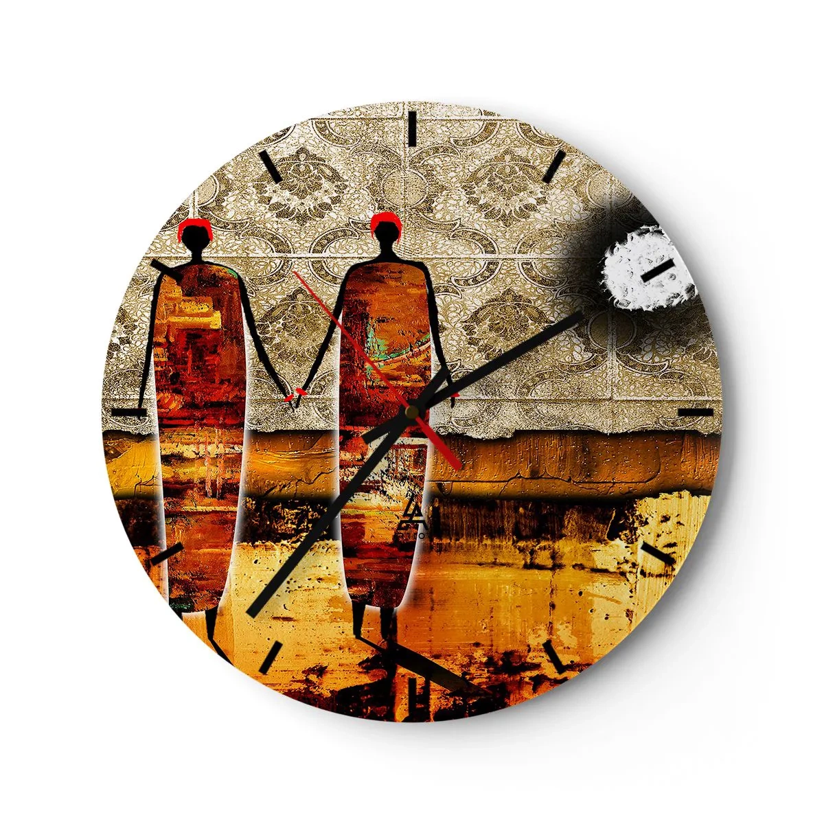 Wanduhr - Glasuhr - Abstraktes Motiv von Händchen haltenden Figuren vor dem Hintergrund eines Ornaments - 30x30cm - Ethnische Zusammensetzung in den Farben Afrikas - Moderne Wanddekoration für Wohnzimmer, Küche und Schlafzimmer ARTTOR