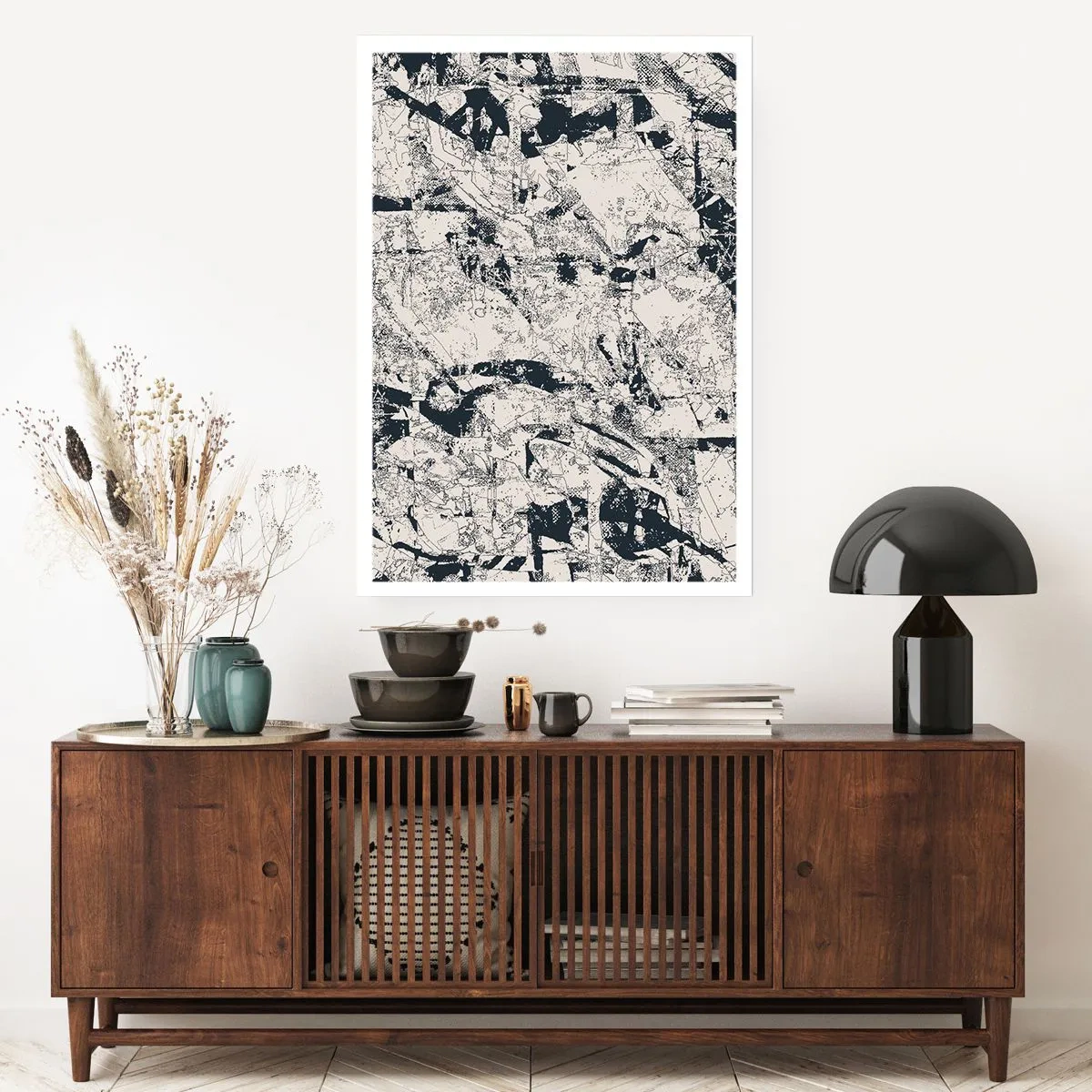 Poster - Abstrakte schwarz-weiße strukturierte Komposition - 50x70cm - Durchdringung der Gegensätze - Moderne Wanddekoration für Wohnzimmer und Schlafzimmer ARTTOR