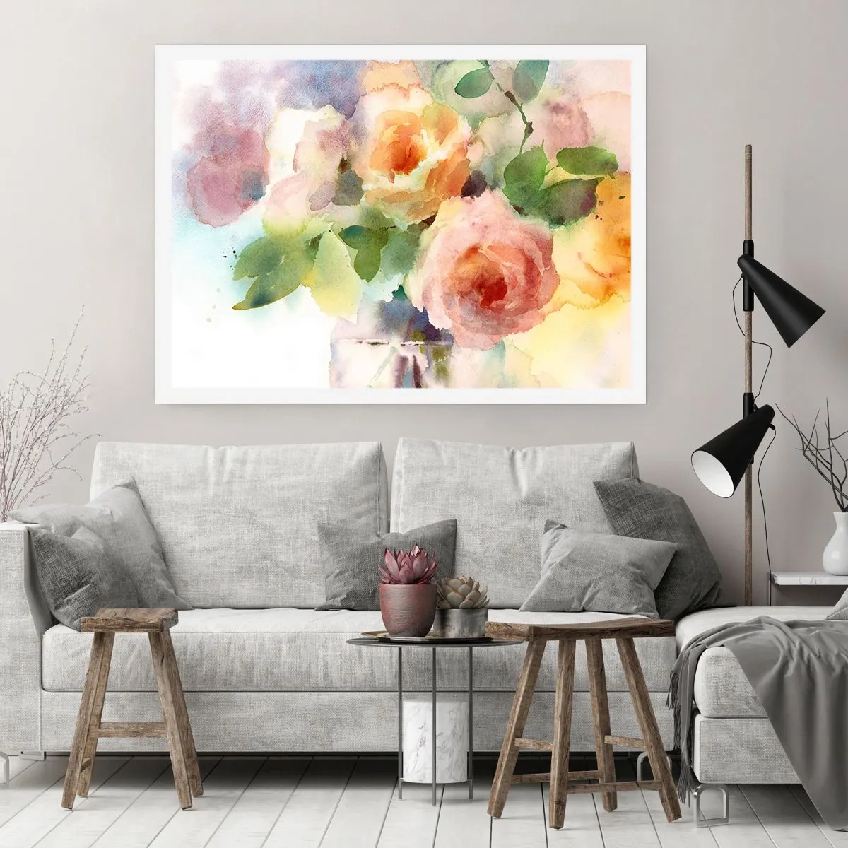 Poster - Zarte Rosen im Aquarell-Stil auf hellem Hintergrund - 100x70cm - Zart wie Aquarell - Moderne Wanddekoration für Wohnzimmer und Schlafzimmer ARTTOR