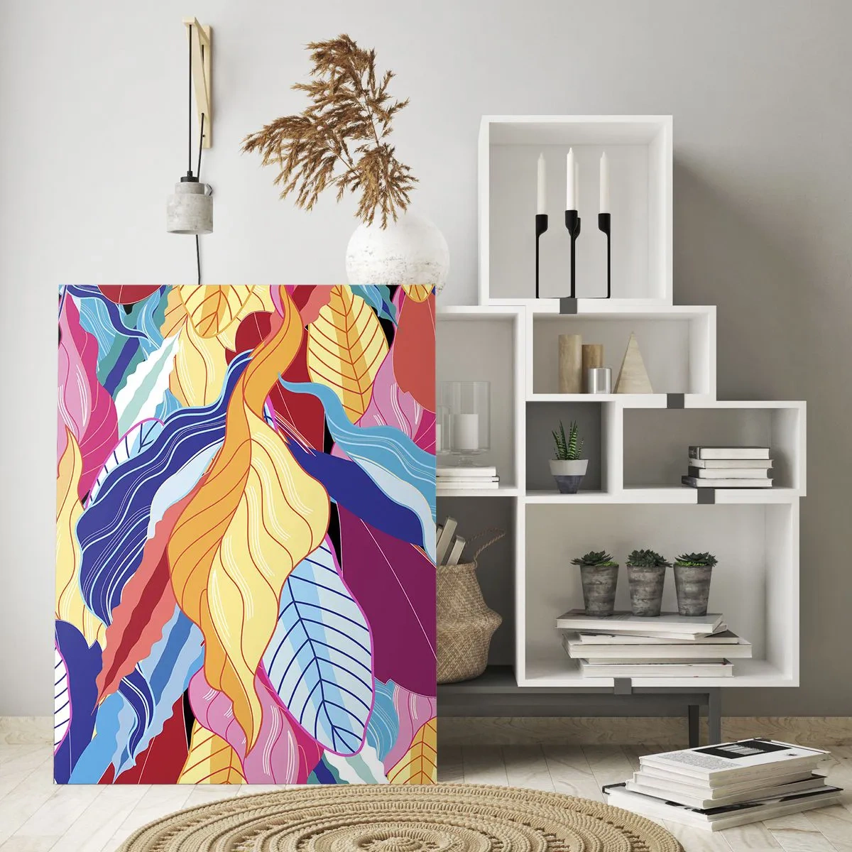 Glasbild - Bild auf glas - Kräftig gefärbte Blätter schaffen eine dynamische Komposition - 80x120cm - Buntes Durcheinander - Moderne Wanddekoration für Wohnzimmer und Schlafzimmer ARTTOR