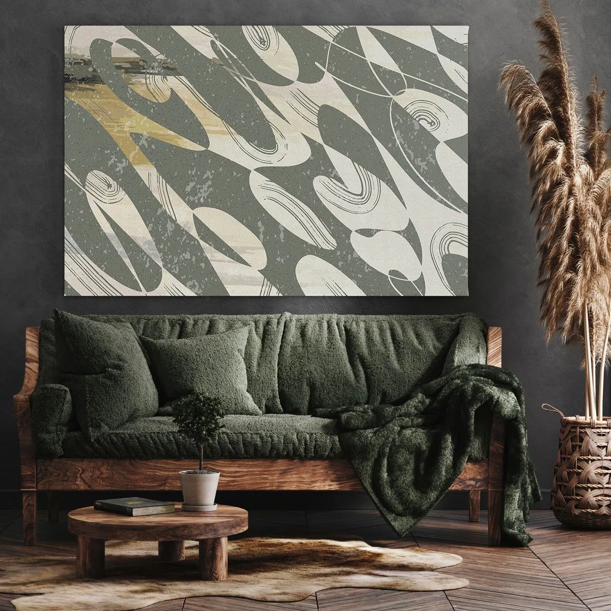 Bild auf Leinwand - Leinwandbild - Dynamische Formen in Grün- und Goldtönen - 70x50cm - Rhythmische Abstraktion - Moderne Wanddekoration für Wohnzimmer und Schlafzimmer ARTTOR