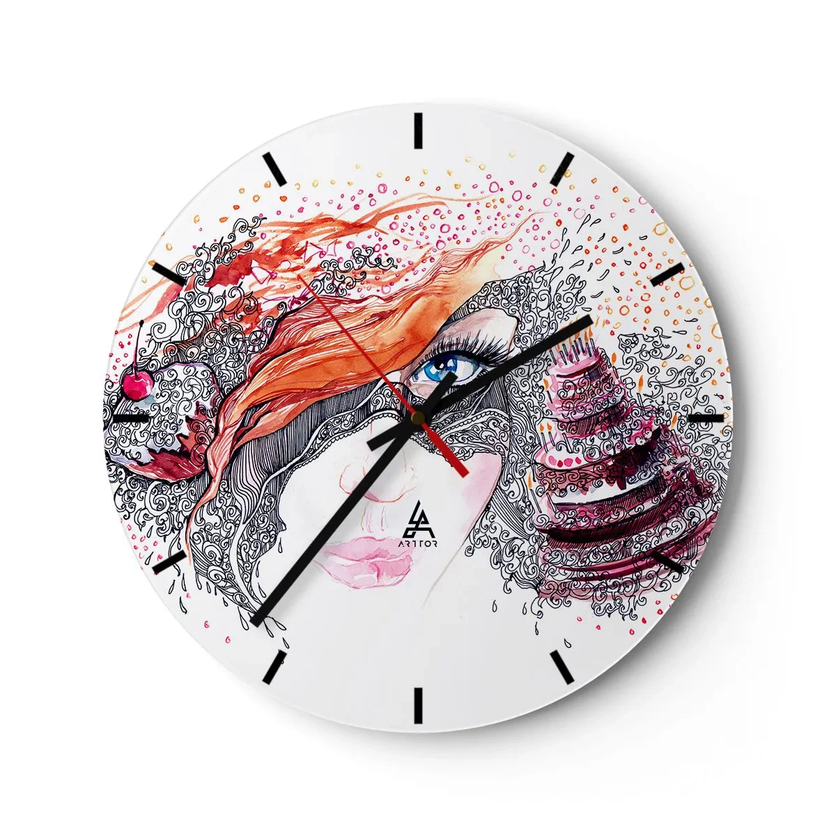 Wanduhr - Glasuhr - Künstlerisches Gesicht mit vielen Details und Farben - 30x30cm - Bei ihr ist jeden Tag Feiertag - Moderne Wanddekoration für Wohnzimmer, Küche und Schlafzimmer ARTTOR