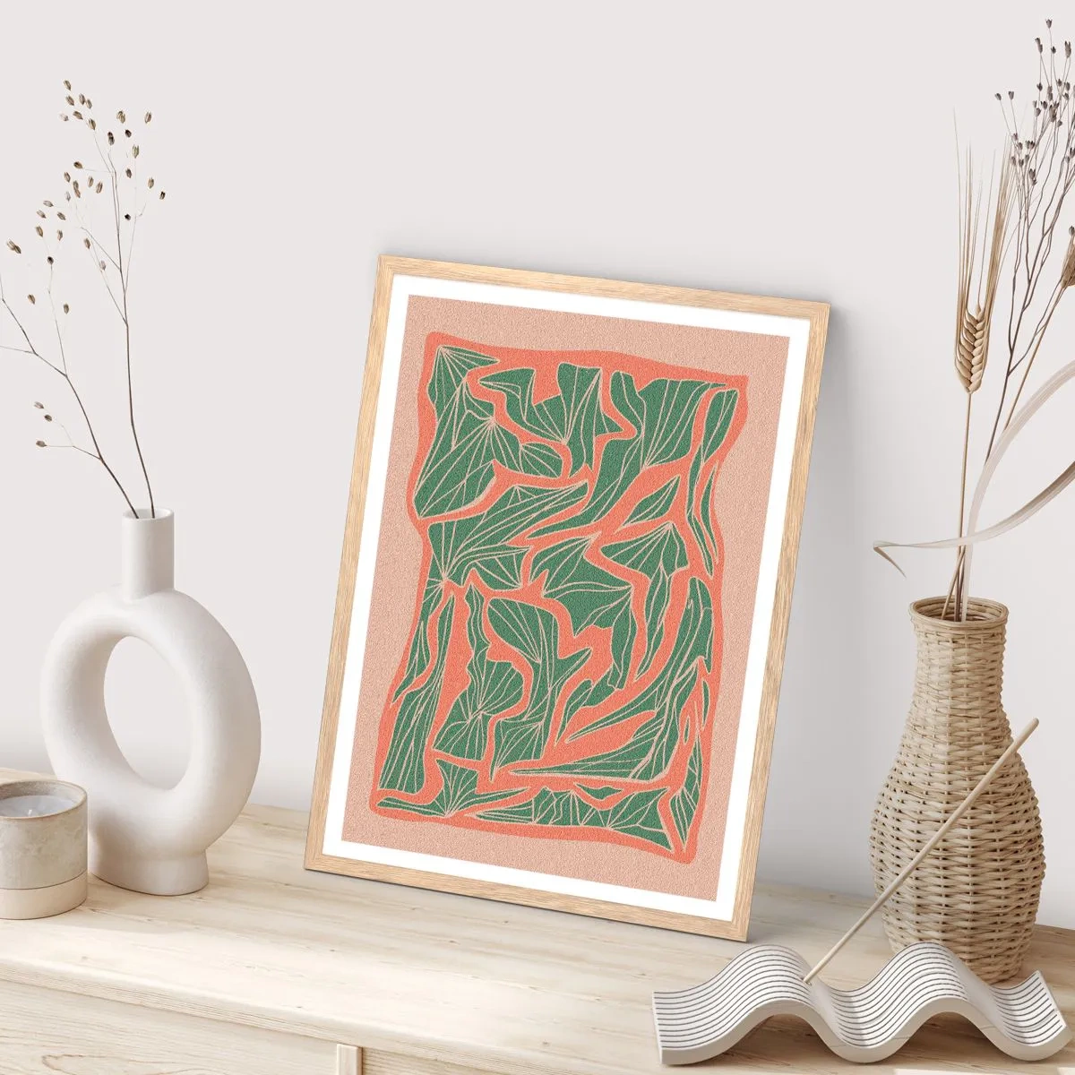 Poster in einem Rahmen aus heller Eiche - Kampf zwischen Korallen und Grün - 30x40 cm