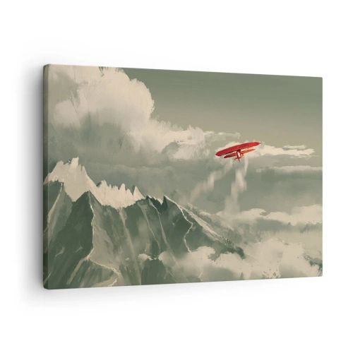 Bild auf Leinwand - Leinwandbild - Rotes Flugzeug über schneebedeckten Bergen - 70x50cm - Furchtloser Pionier - Moderne Wanddekoration für Wohnzimmer und Schlafzimmer ARTTOR