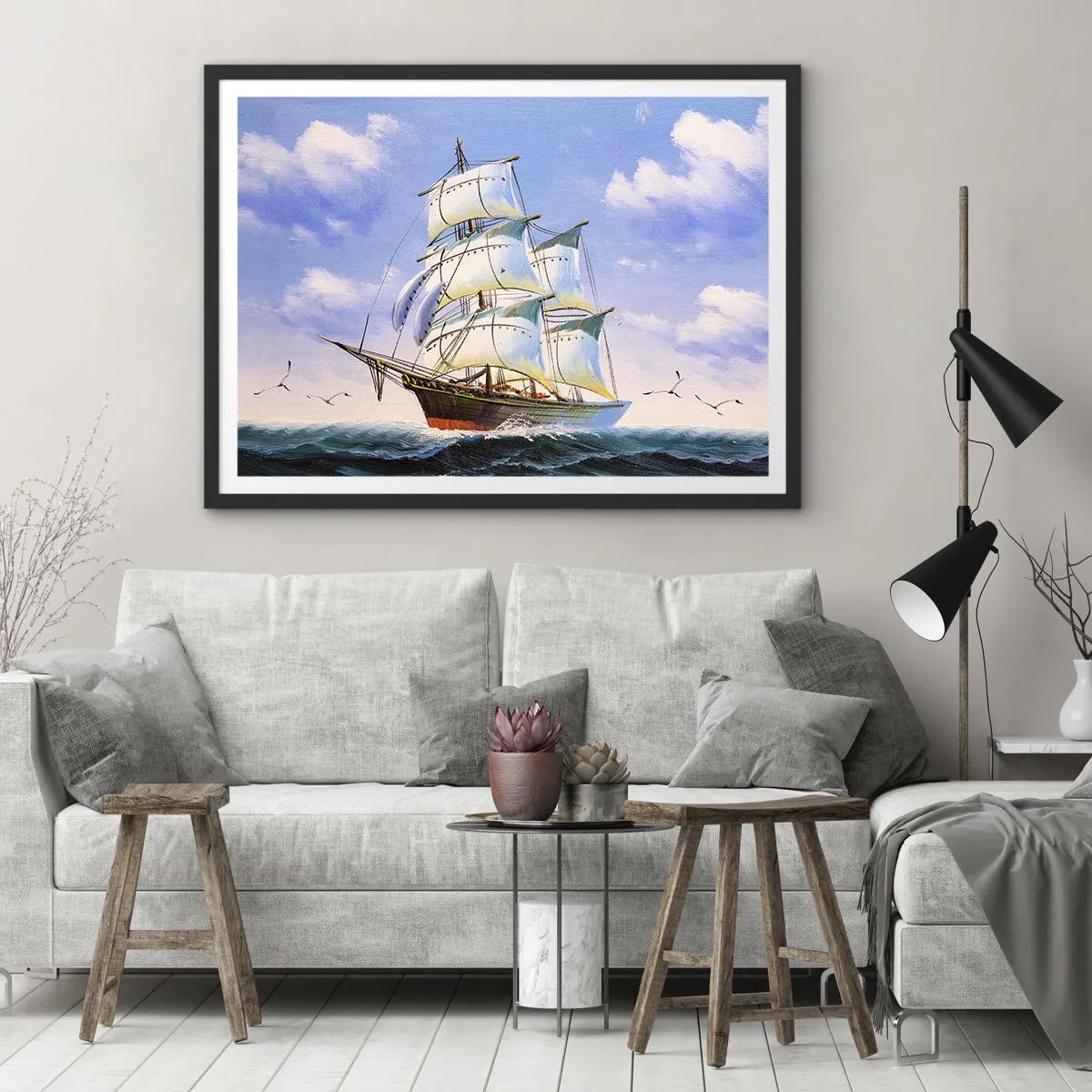 Poster in einem schwarzem Rahmen - Ein Segelschiff auf offener See unter blauem Himmel - 70x50cm - Mit Stolz mit dem Wind - Moderne Wanddekoration für Wohnzimmer und Schlafzimmer ARTTOR