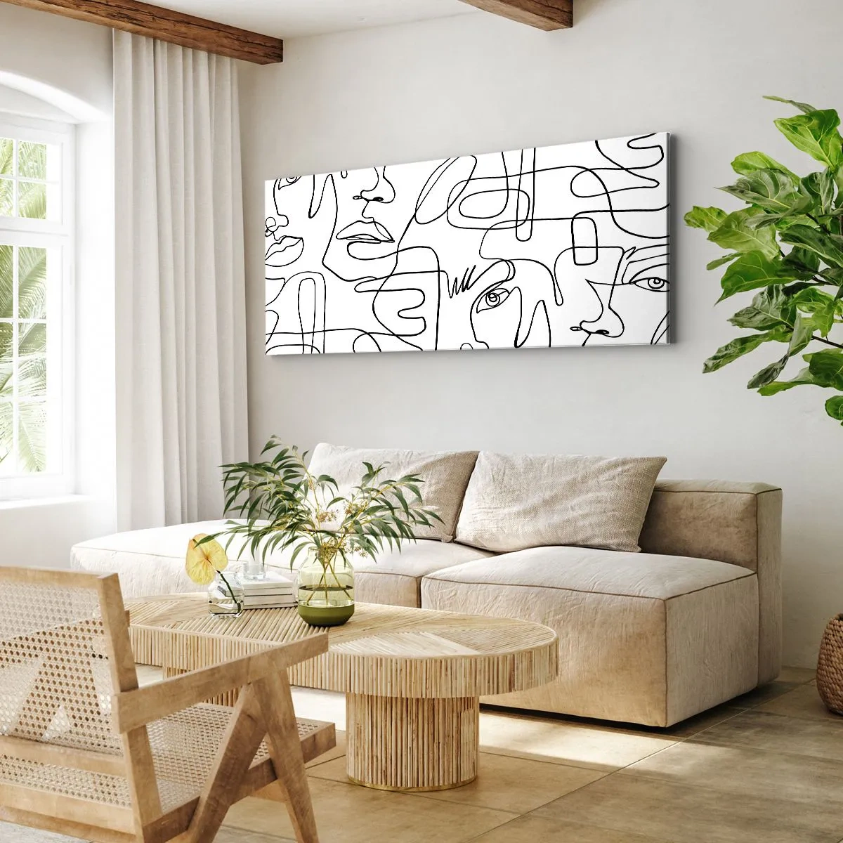 Bild auf Leinwand - Leinwandbild - Eine minimalistische Zeichnung eines Gesichts mit Linien auf hellem Hintergrund. - 120x50cm - In verworrenen Gefühlen - Moderne Wanddekoration für Wohnzimmer und Schlafzimmer ARTTOR