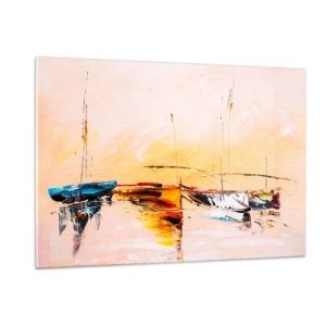 Glasbild - Bild auf glas - Bunte Boote vor der Kulisse eines impressionistischen Sonnenuntergangs - 120x80cm - Abend im Yachthafen - Moderne Wanddekoration für Wohnzimmer und Schlafzimmer ARTTOR