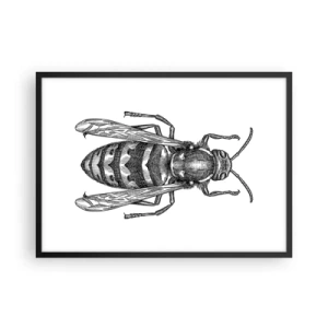 Poster in einem schwarzem Rahmen - Ein Cartoon-Wespenmotiv auf weißem Hintergrund im minimalistischen Stil. - 70x50cm - Von einem Insektenplaneten - Moderne Wanddekoration für Wohnzimmer und Schlafzimmer ARTTOR