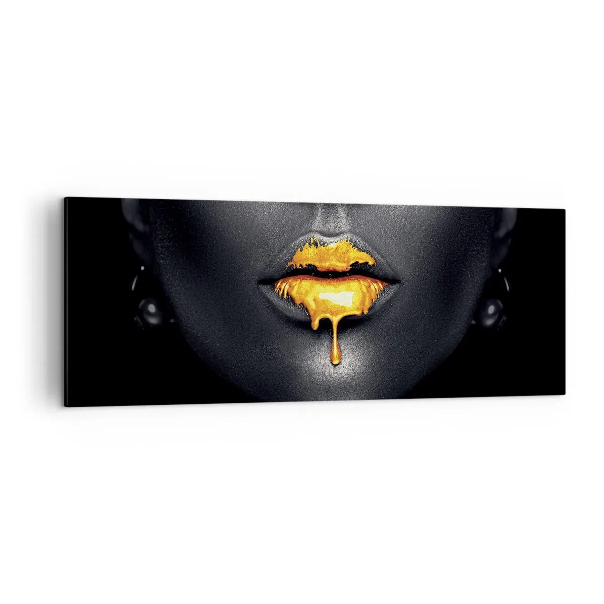 Bild auf Leinwand - Leinwandbild - Schwarz-goldenes Porträt einer Frau mit einem Tropfen Gold auf den Lippen - 140x50cm - Goldmaul - Moderne Wanddekoration für Wohnzimmer und Schlafzimmer ARTTOR
