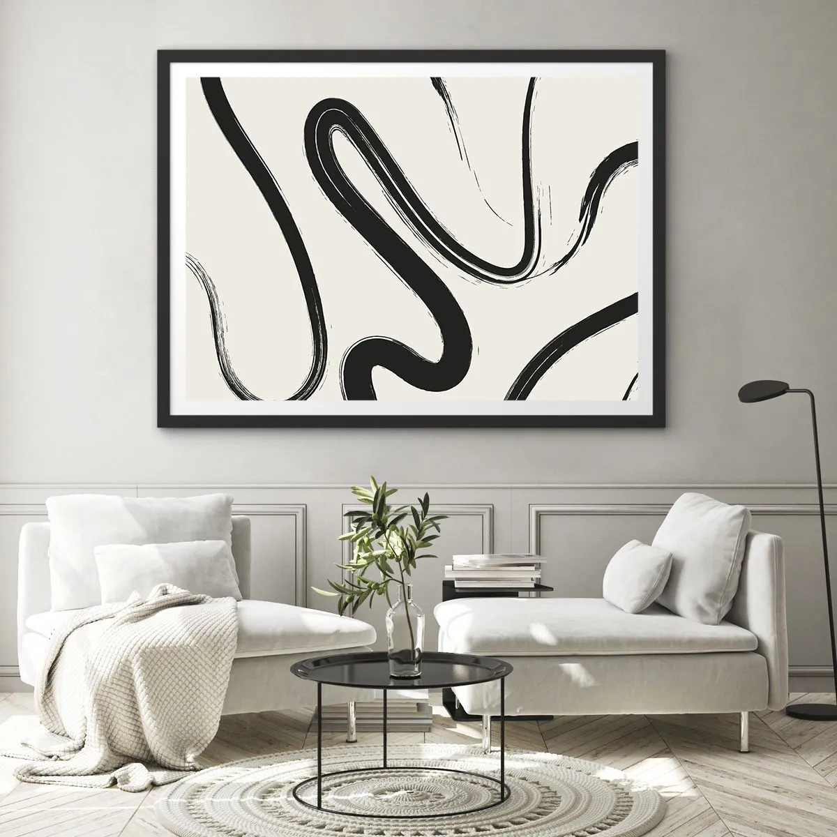 Poster in einem schwarzem Rahmen - Schwarz-weiße geschwungene Linien auf hellem Hintergrund - 70x50cm - Schwarz-Weiß-Laune - Moderne Wanddekoration für Wohnzimmer und Schlafzimmer ARTTOR
