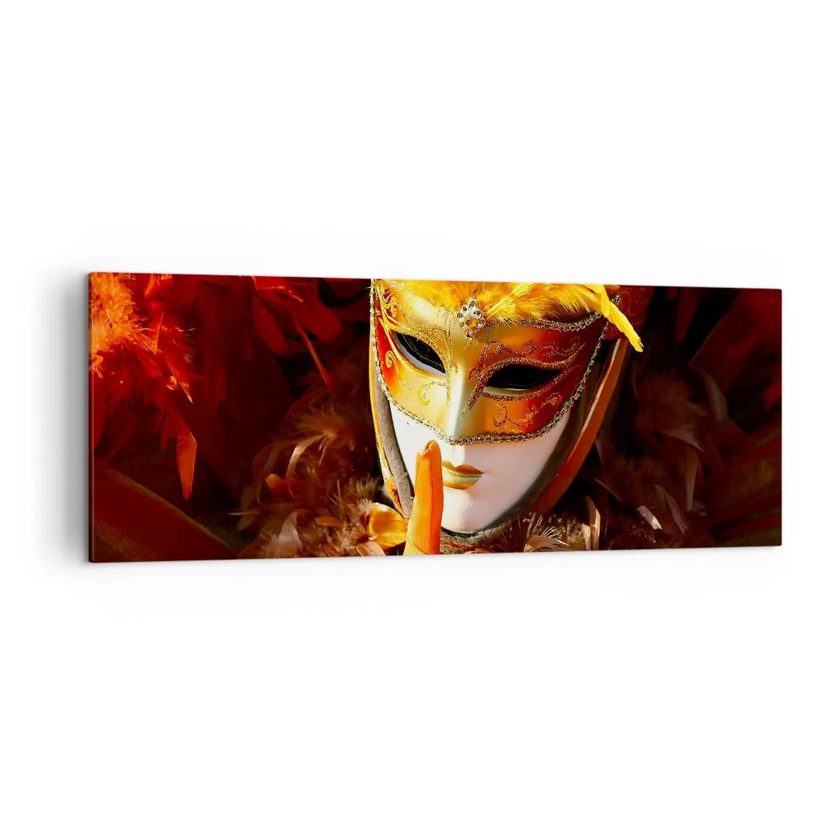 Bild auf Leinwand - Leinwandbild - Karnevalsmaske in Gold- und Orangetönen - 140x50cm - Geheimnis ist Teil des Spiels - Moderne Wanddekoration für Wohnzimmer und Schlafzimmer ARTTOR