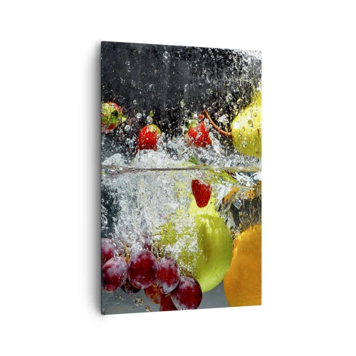 Bild auf Leinwand - Leinwandbild - Bunte Früchte im Wasser bei dynamischer Immersion - 80x120cm - Fruchterfrischung - Moderne Wanddekoration für Wohnzimmer und Schlafzimmer ARTTOR