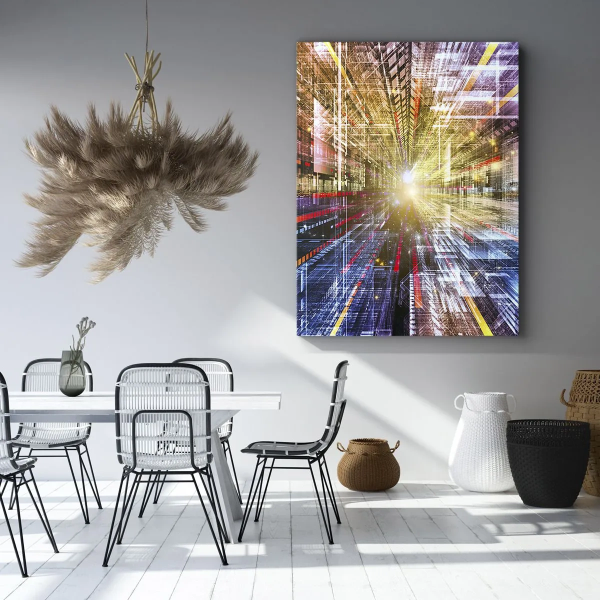 Bild auf Leinwand - Leinwandbild - Dynamische Lichter in einem futuristischen Korridor - 70x100cm - Leuchtender Korridor - Moderne Wanddekoration für Wohnzimmer und Schlafzimmer ARTTOR