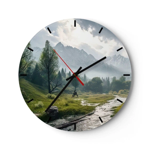 Wanduhr - Glasuhr - Berglandschaft mit Fluss und Bäumen am Morgen - 30x30cm - Hin und zurück - Moderne Wanddekoration für Wohnzimmer, Küche und Schlafzimmer ARTTOR