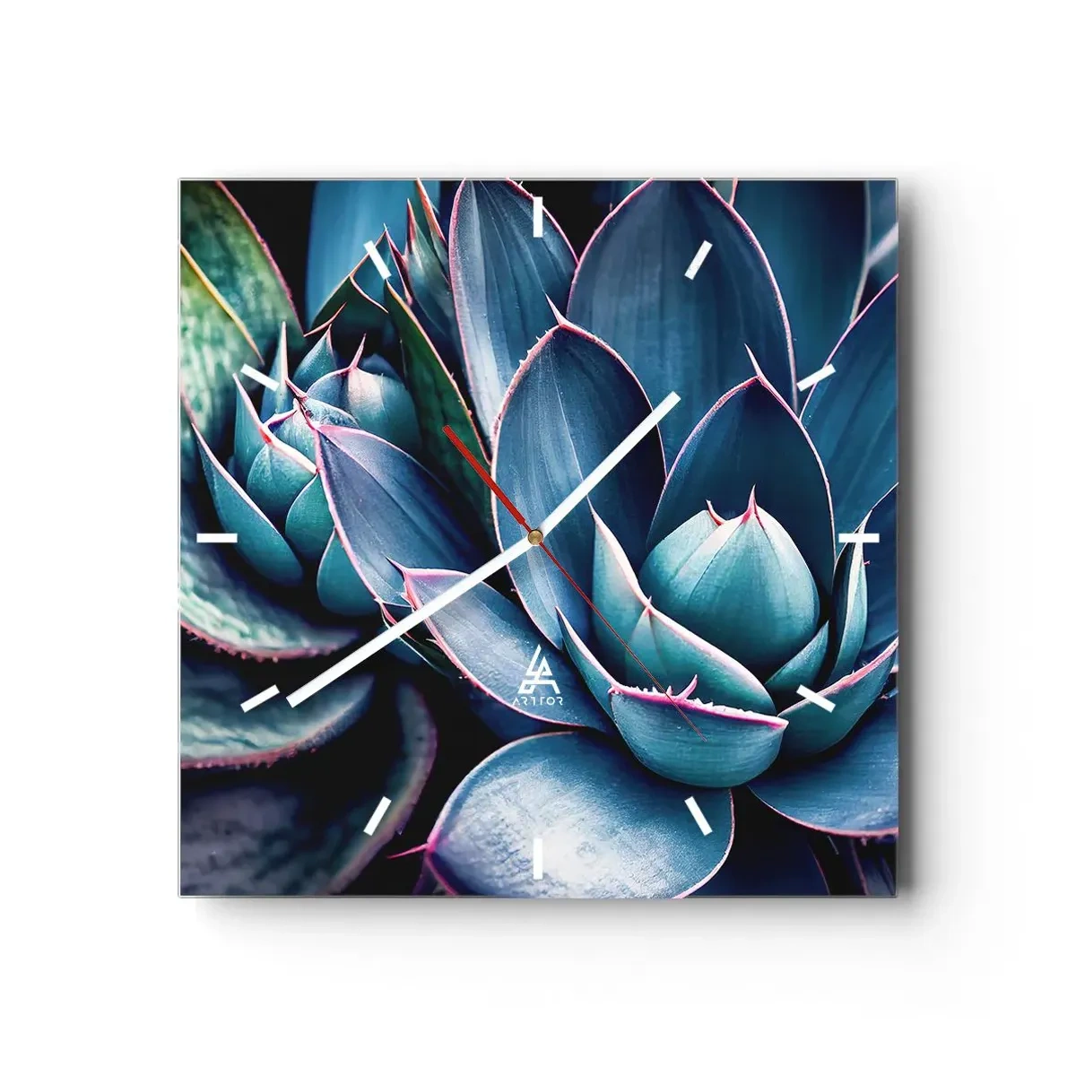 Wanduhr - Glasuhr - Agave in Blau- und Grüntönen mit rosa Akzenten - 30x30cm - Lebenskraft - Moderne Wanddekoration für Wohnzimmer und Schlafzimmer ARTTOR