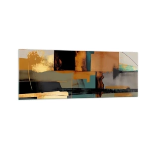 Glasbild - Bild auf glas - Abstrakte Komposition mit goldenen und türkisfarbenen Elementen - 140x50cm - Abstraktion – Licht und Schatten - Moderne Wanddekoration für Wohnzimmer und Schlafzimmer ARTTOR