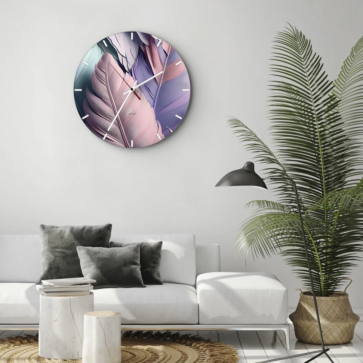Wanduhr - Glasuhr - Bunte Federn in Pastelltönen auf der Uhr - 30x30cm - Vogel-Chic - Moderne Wanddekoration für Wohnzimmer, Küche und Schlafzimmer ARTTOR