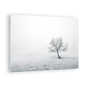 Glasbild - Bild auf glas - Ein einsamer Baum vor dem Nebel in einer monochromen Komposition - 70x50cm - Gegen das Nichts - Moderne Wanddekoration für Wohnzimmer und Schlafzimmer ARTTOR
