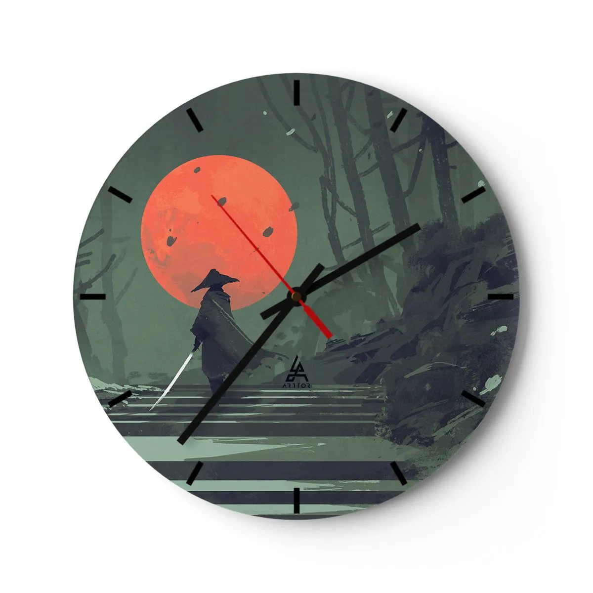 Wanduhr - Glasuhr - Ein einsamer Krieger im Wald unter einem roten Mond - 30x30cm - Krieger des Roten Mondes - Moderne Wanddekoration für Wohnzimmer, Küche und Schlafzimmer ARTTOR