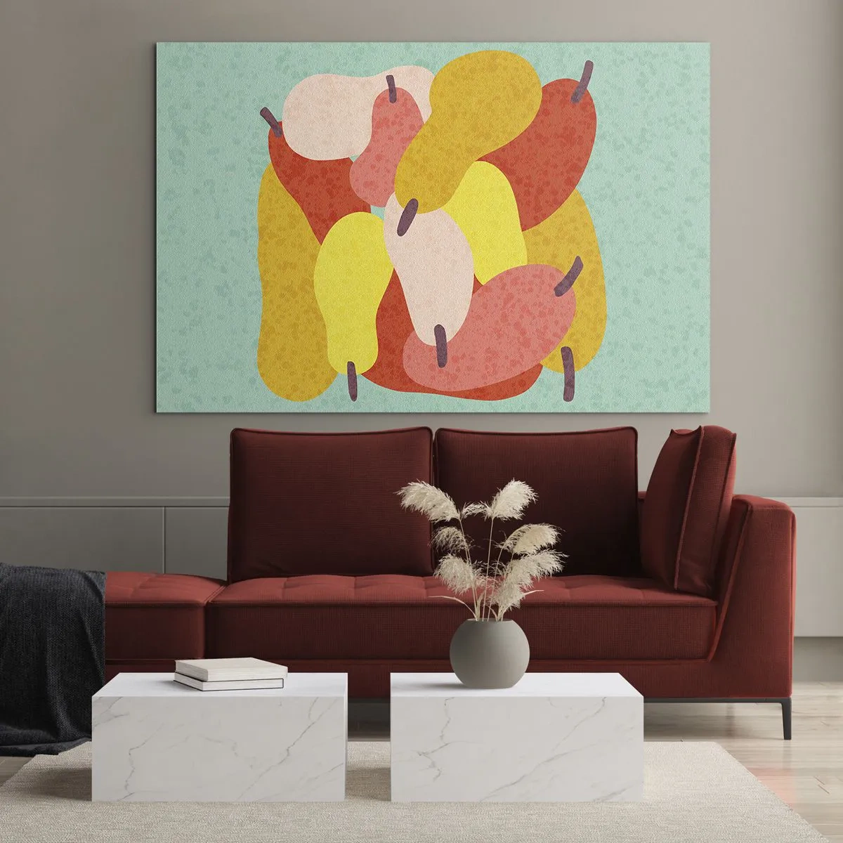 Glasbild - Bild auf glas - Bunte Birnen im grafischen Stil auf türkisfarbenem Hintergrund - 100x70cm - Probieren Sie die Sommersonne - Moderne Wanddekoration für Wohnzimmer und Schlafzimmer ARTTOR