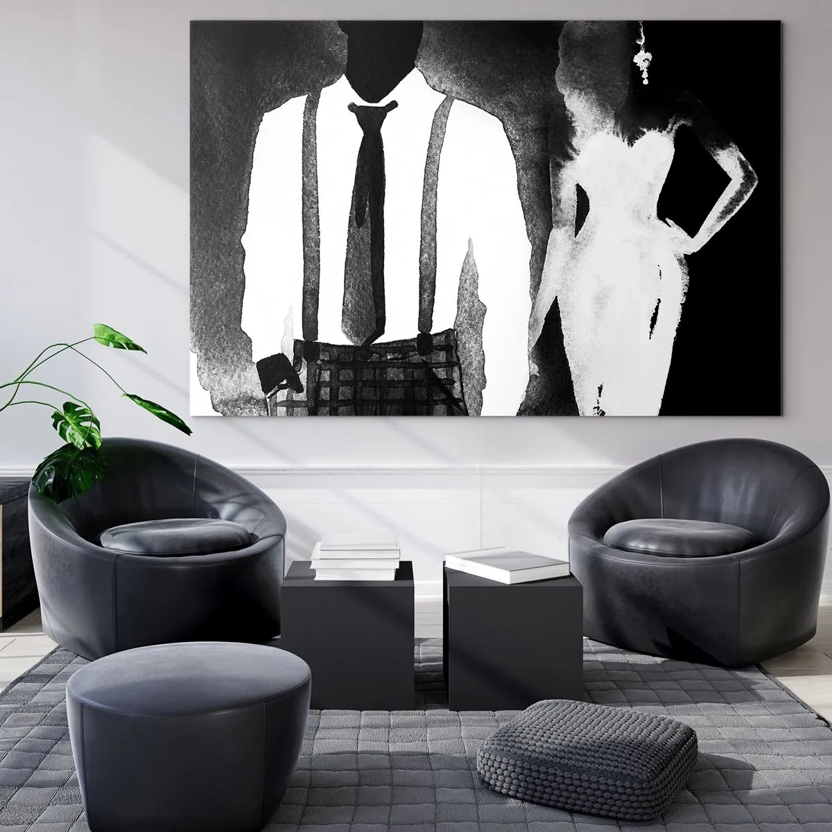 Glasbild - Bild auf glas - Schwarz-weiße Silhouette eines eleganten Noir-Paares - 120x80cm - In Noir-Atmosphäre - Moderne Wanddekoration für Wohnzimmer und Schlafzimmer ARTTOR
