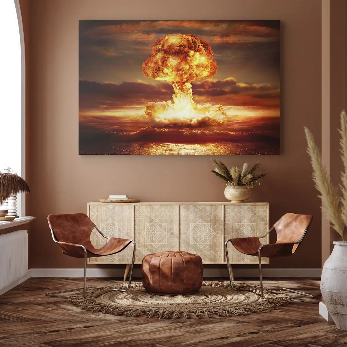 Bild auf Leinwand - Leinwandbild - Atompilz-Explosion vor dem Hintergrund eines Sonnenuntergangs - 70x50cm - Und das Ende wird kommen - Moderne Wanddekoration für Wohnzimmer und Schlafzimmer ARTTOR