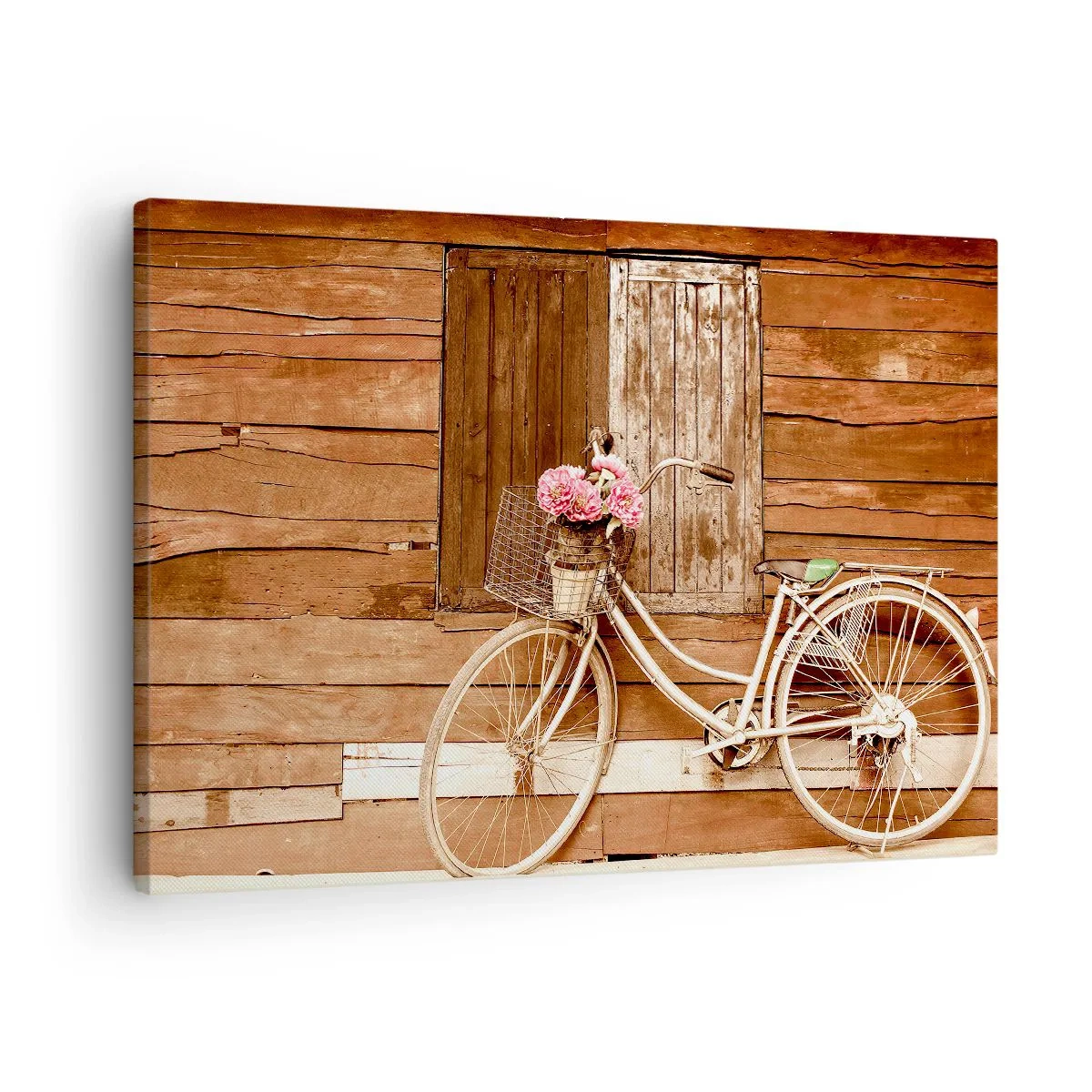 Bild auf Leinwand - Leinwandbild - Ein Fahrrad mit einem Korb voller Rosen vor einer Holzwand - 70x50cm - Ich komme gleich wieder - Moderne Wanddekoration für Wohnzimmer und Schlafzimmer ARTTOR