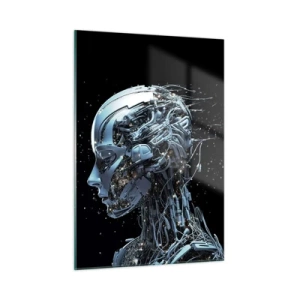 Glasbild - Bild auf glas - Profil eines weiblichen Roboters mit Drähten und Mechanismen - 50x70cm - Technologie ist eine Frau - Moderne Wanddekoration für Wohnzimmer und Schlafzimmer ARTTOR