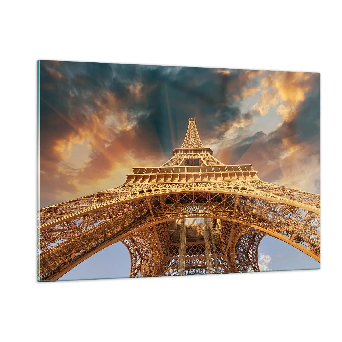 Glasbild - Bild auf glas - Der Eiffelturm aus der Froschperspektive - 120x80cm - Wie die Menschheit den Himmel erreichte - Moderne Wanddekoration für Wohnzimmer und Schlafzimmer ARTTOR