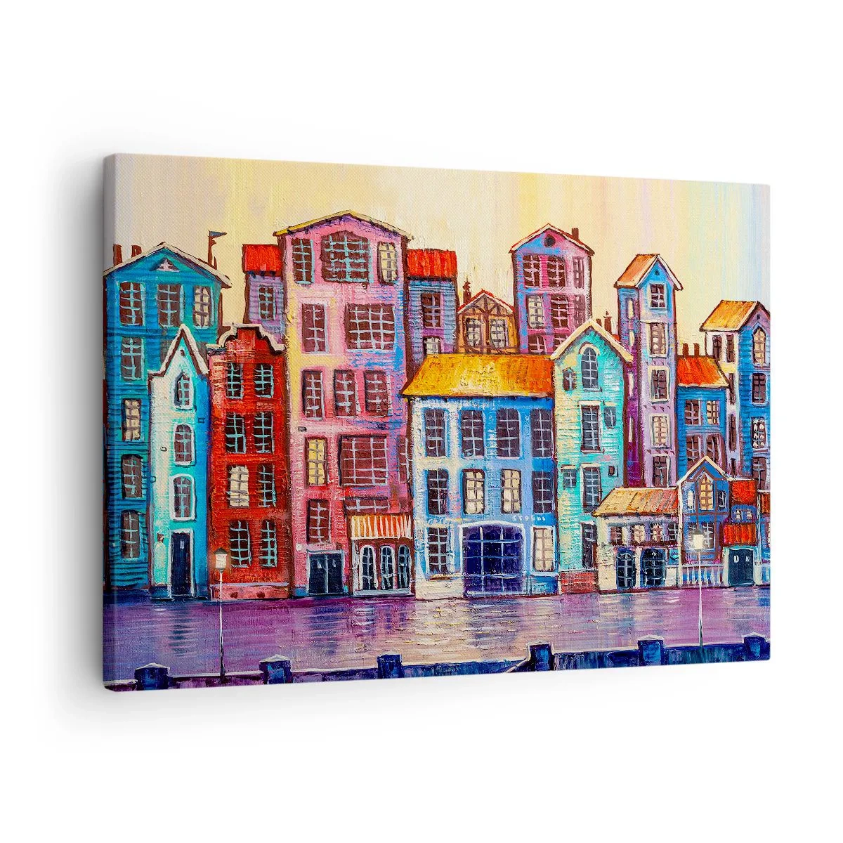 Bild auf Leinwand - Leinwandbild - Bunte Mietshäuser am Wasser im künstlerischen Stil - 70x50cm - Stadt wie aus einem Märchen - Moderne Wanddekoration für Wohnzimmer und Schlafzimmer ARTTOR