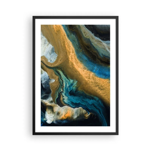 Poster in einem schwarzem Rahmen - Eine abstrakte Komposition in Gold- und Blautönen. - 50x70cm - Blau - Gelb - gegenseitige Beeinflussung - Moderne Wanddekoration für Wohnzimmer und Schlafzimmer ARTTOR