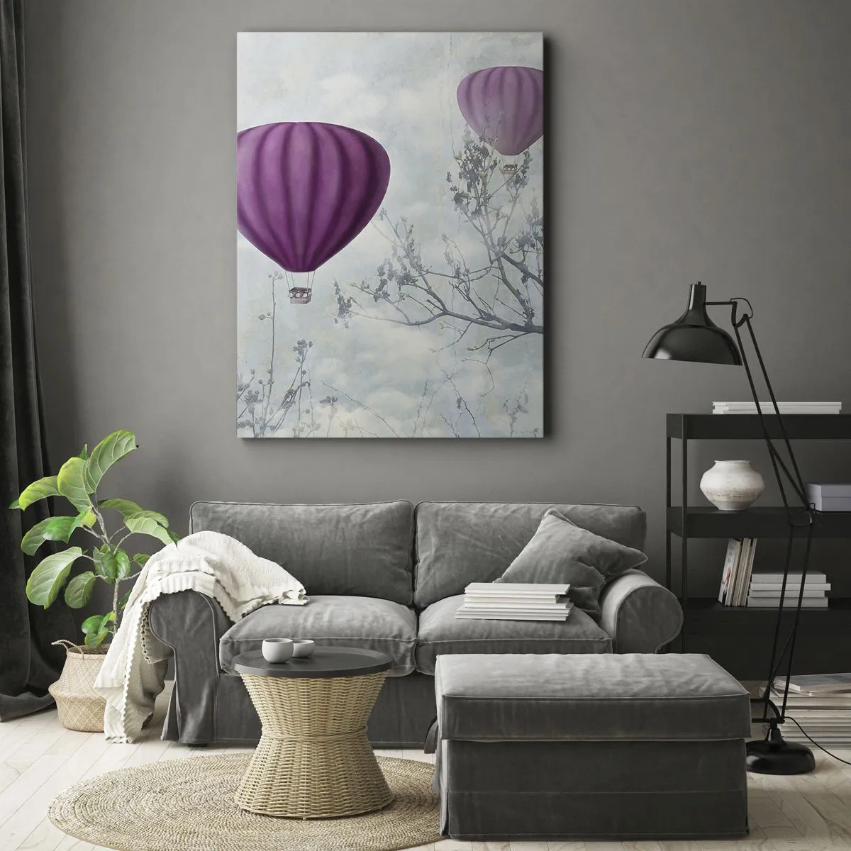 Bild auf Leinwand - Leinwandbild - Lila Ballons schweben über den Bäumen in den Wolken - 70x100cm - Wie Schiffe am Himmel - Moderne Wanddekoration für Wohnzimmer und Schlafzimmer ARTTOR