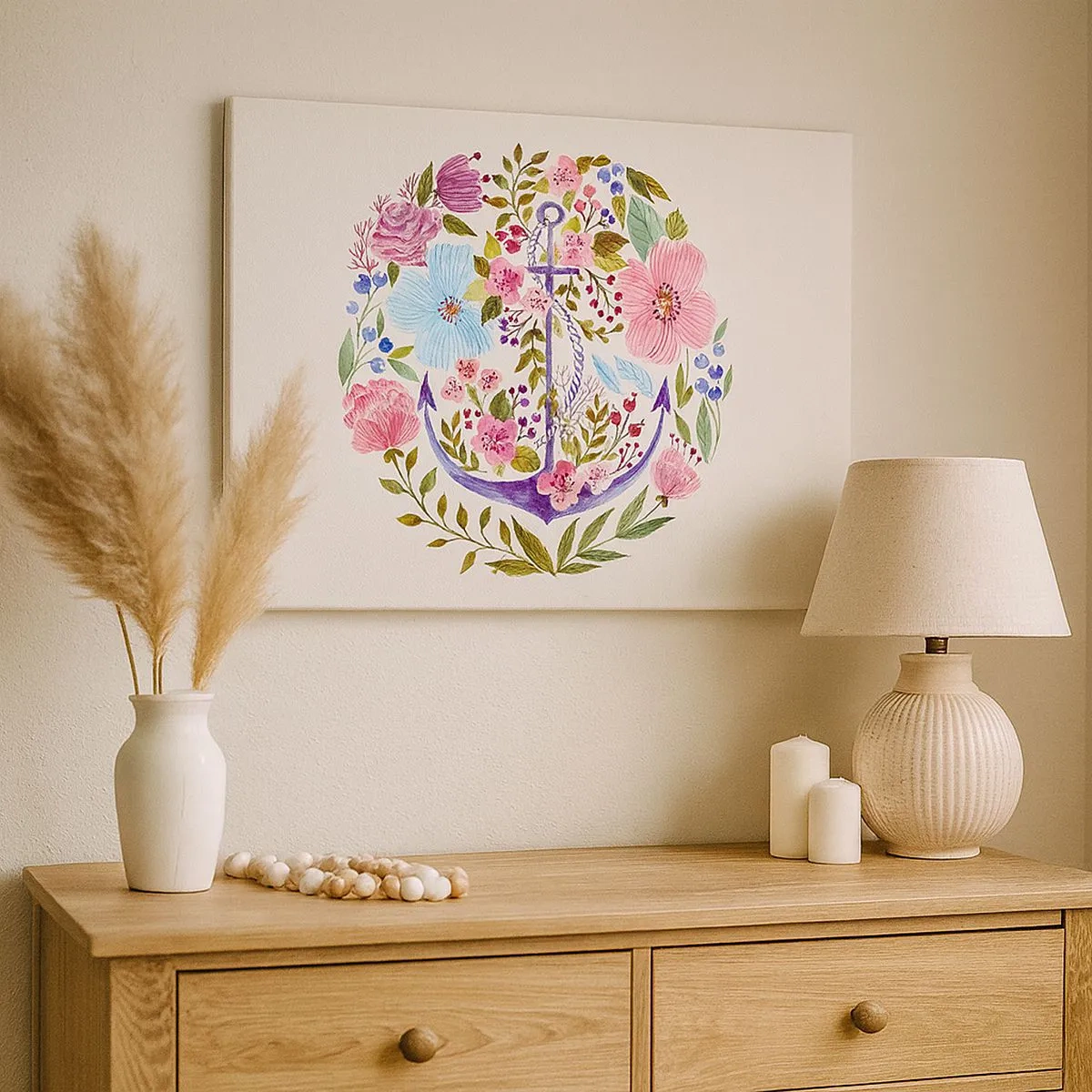 Bild auf Leinwand - Leinwandbild - Ein Anker, umgeben von Aquarellblumen auf hellem Hintergrund - 70x50cm - Guter Traum eines Seemanns - Moderne Wanddekoration für Wohnzimmer und Schlafzimmer ARTTOR