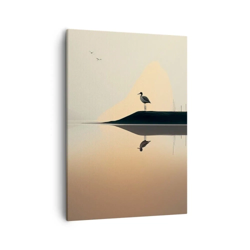 Bild auf Leinwand - Leinwandbild - Ein Vogel auf einer Insel in einem ruhigen See mit warmen Farbtönen - 50x70cm - Herr am See - Moderne Wanddekoration für Wohnzimmer und Schlafzimmer ARTTOR