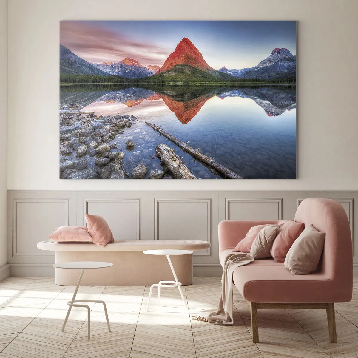 Glasbild - Bild auf glas - Ein Berggipfel spiegelt sich in einem ruhigen See - 70x50cm - Hitze und Kälte - Moderne Wanddekoration für Wohnzimmer und Schlafzimmer ARTTOR