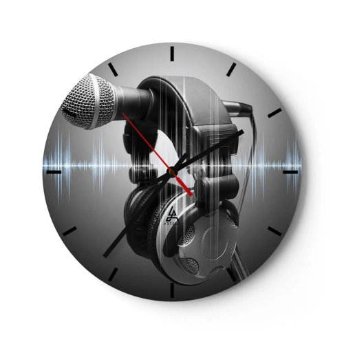 Wanduhr - Glasuhr - Mikrofon und Kopfhörer mit Schallwelle auf grauem Hintergrund - 30x30cm - Du kannst immer noch den Gesang hören - Moderne Wanddekoration für Wohnzimmer, Küche und Schlafzimmer ARTTOR
