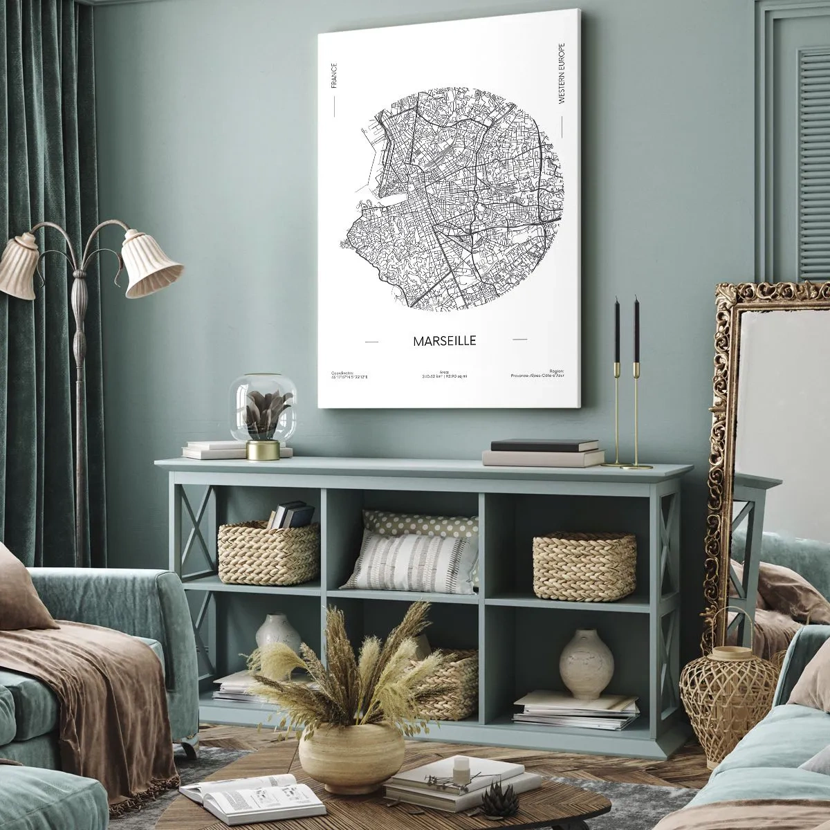 Bild auf Leinwand - Leinwandbild - Karte von Marseille im minimalistischen Stil - 70x100cm - Anatomie von Marseille - Moderne Wanddekoration für Wohnzimmer und Schlafzimmer ARTTOR