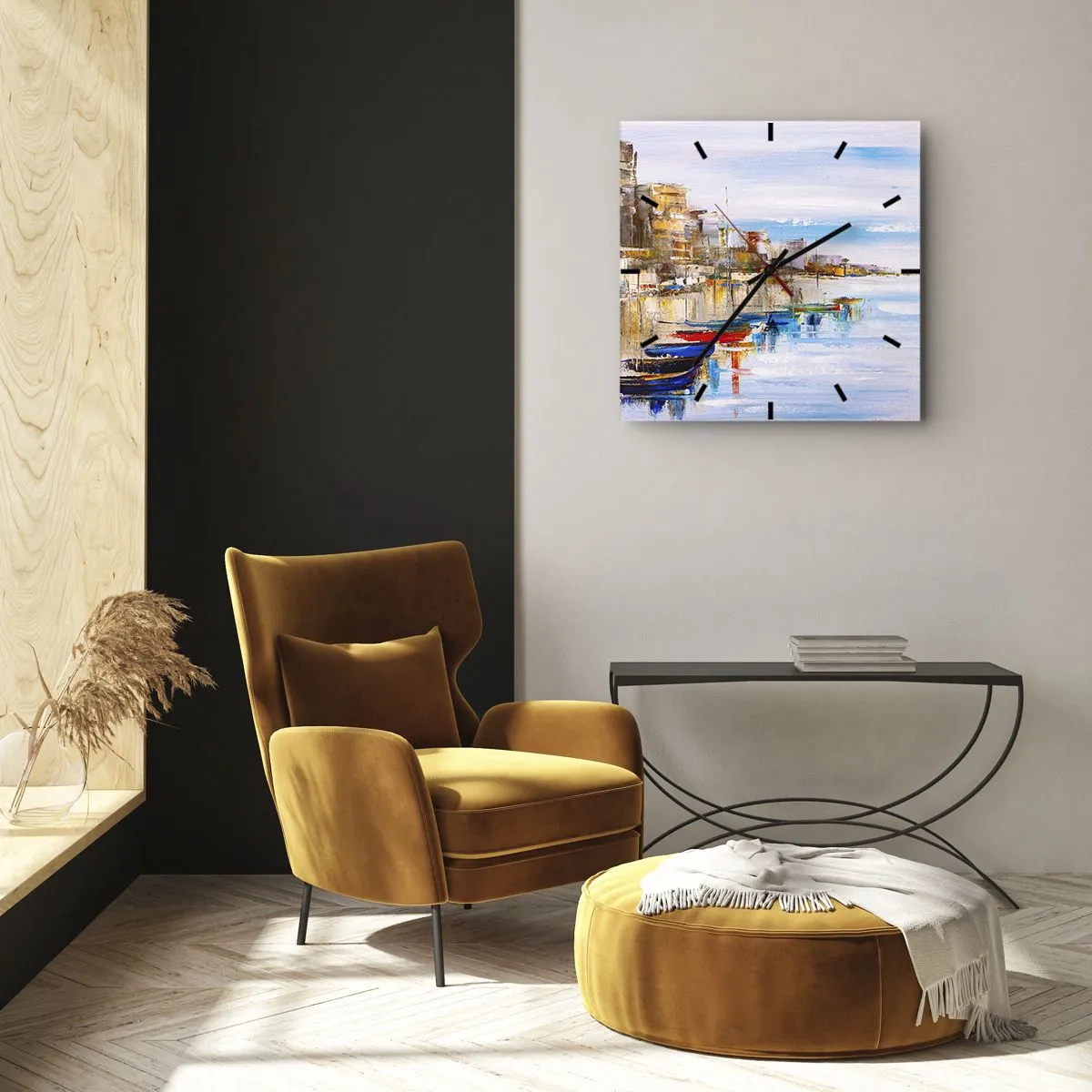 Wanduhr - Glasuhr - Bunte Boote am Ufer mit Blick auf die Skyline der Stadt - 30x30cm - Bunte urbane Oase - Moderne Wanddekoration für Wohnzimmer und Schlafzimmer ARTTOR