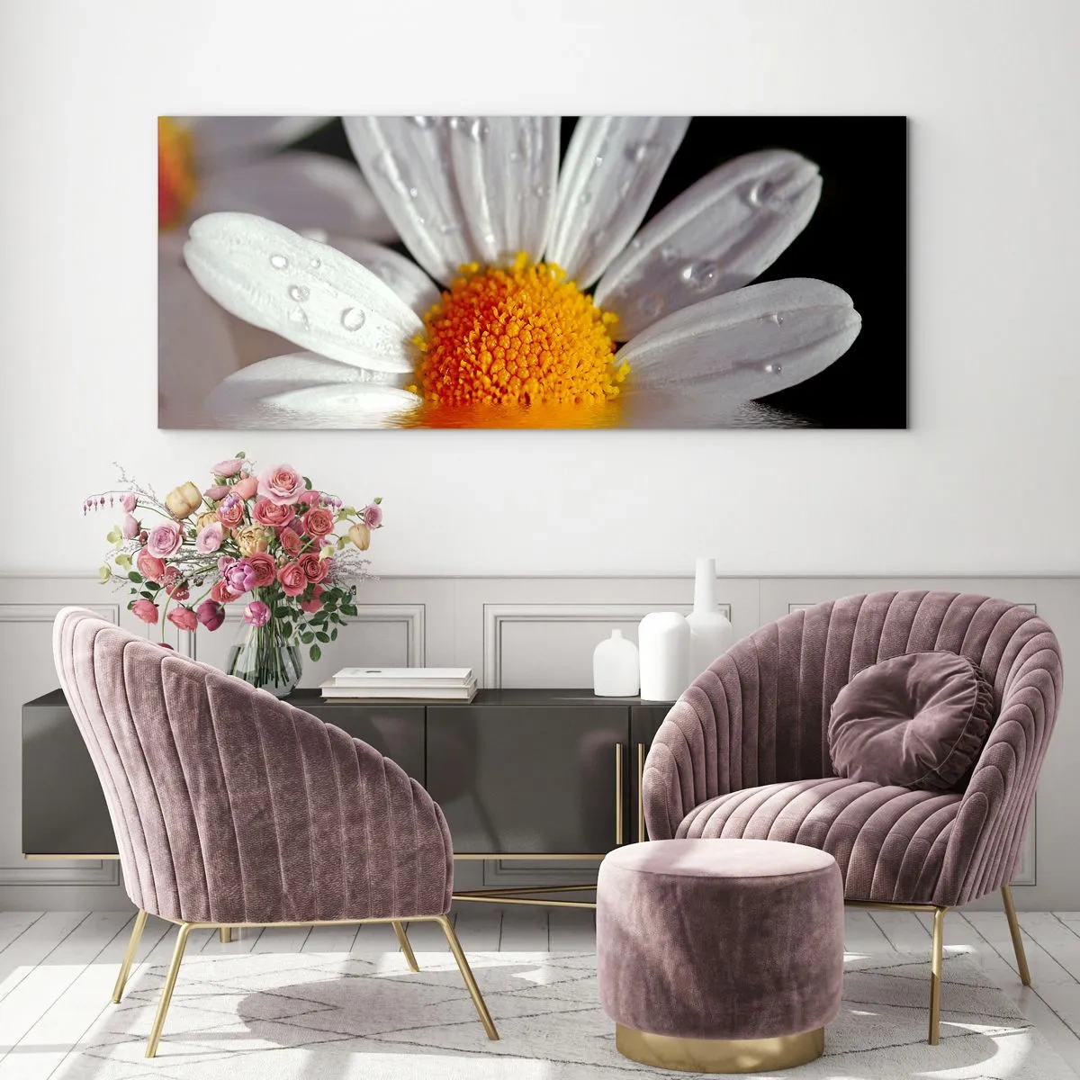 Glasbild - Bild auf glas - Die aufgehende Sonne der Gänseblümchen - 90x30 cm
