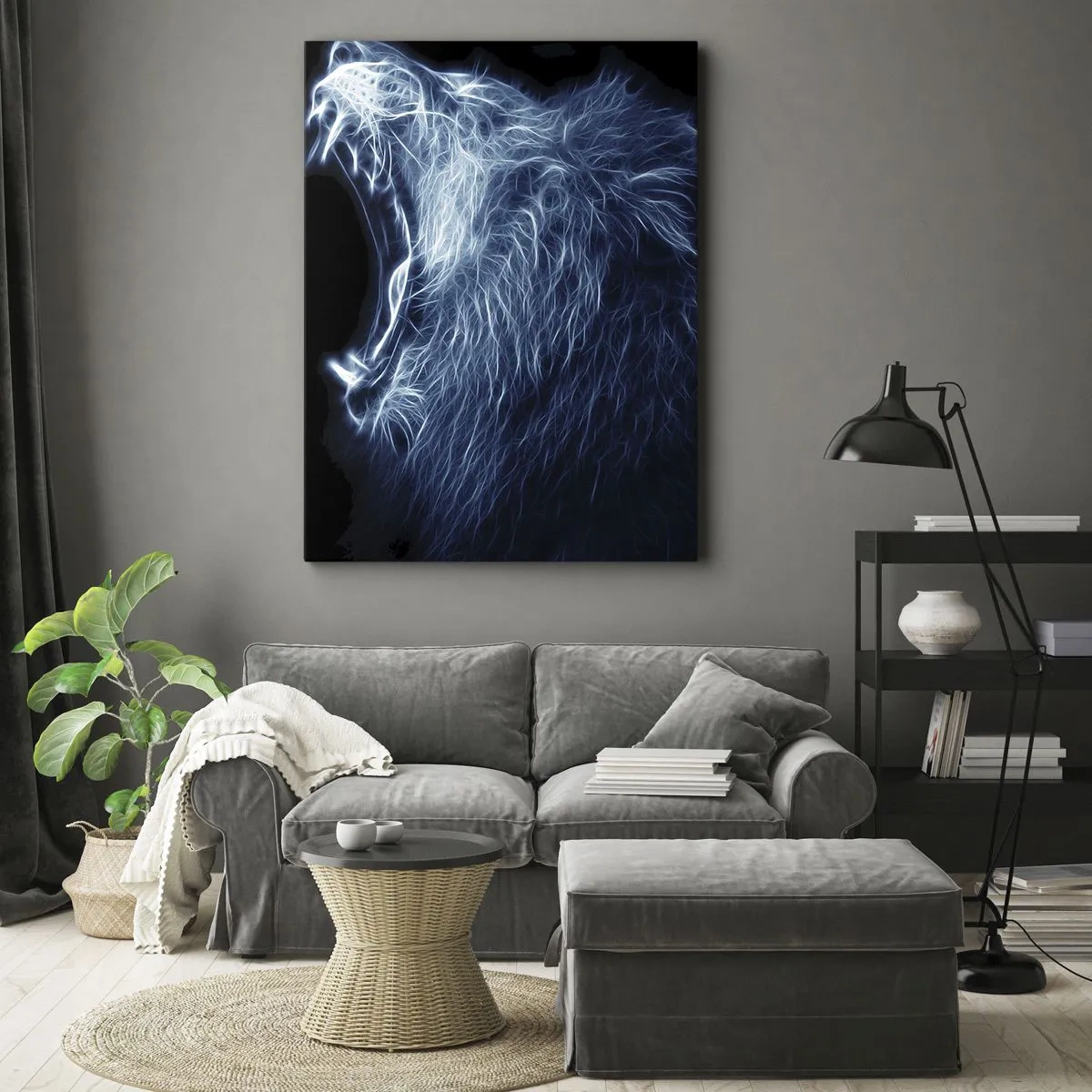 Bild auf Leinwand - Leinwandbild - Ein markantes Löwengesicht im Neon-Stil - 50x70cm - Der feurige Zorn des Königs - Moderne Wanddekoration für Wohnzimmer und Schlafzimmer ARTTOR