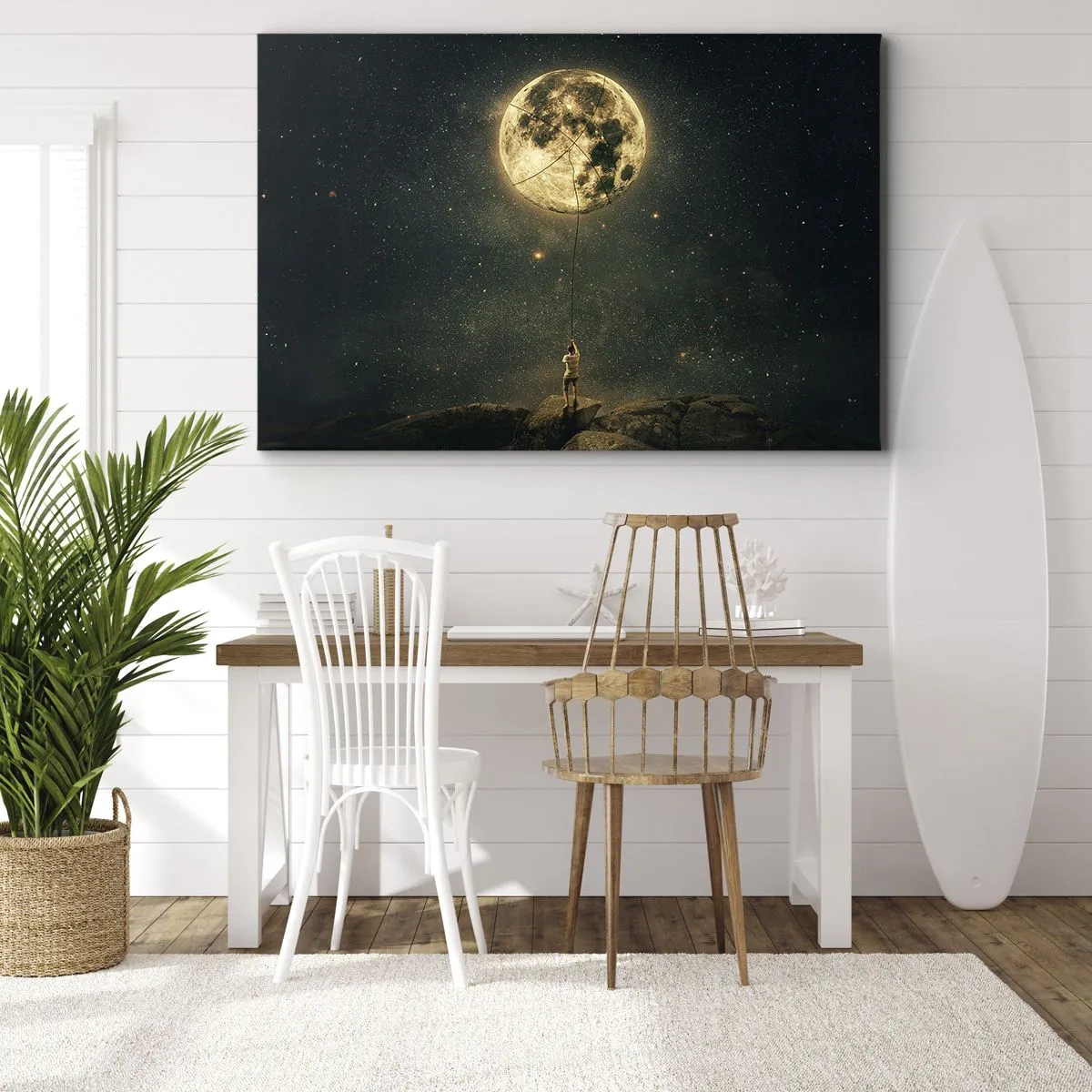 Bild auf Leinwand - Leinwandbild - Mann mit dem Mond vor dem Sternenhimmel - 120x80cm - Der Mann, der den Mond gestohlen hat - Moderne Wanddekoration für Wohnzimmer und Schlafzimmer ARTTOR