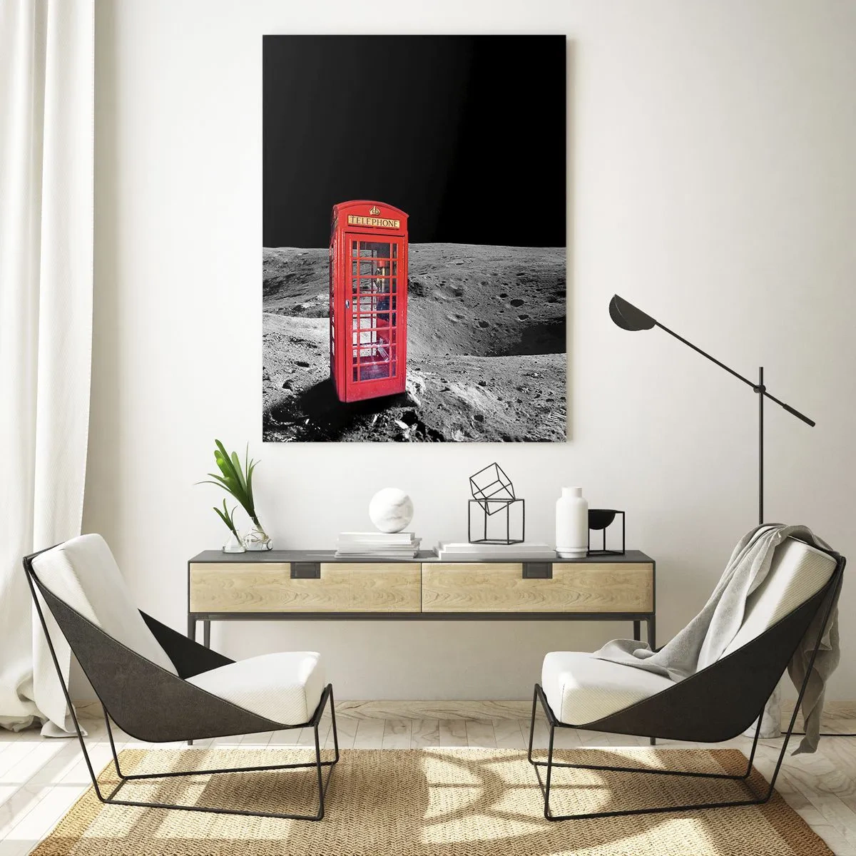 Glasbild - Bild auf glas - Rote Telefonzelle auf dem Mond - 70x100cm - Ein kosmischer Witz - Moderne Wanddekoration für Wohnzimmer und Schlafzimmer ARTTOR