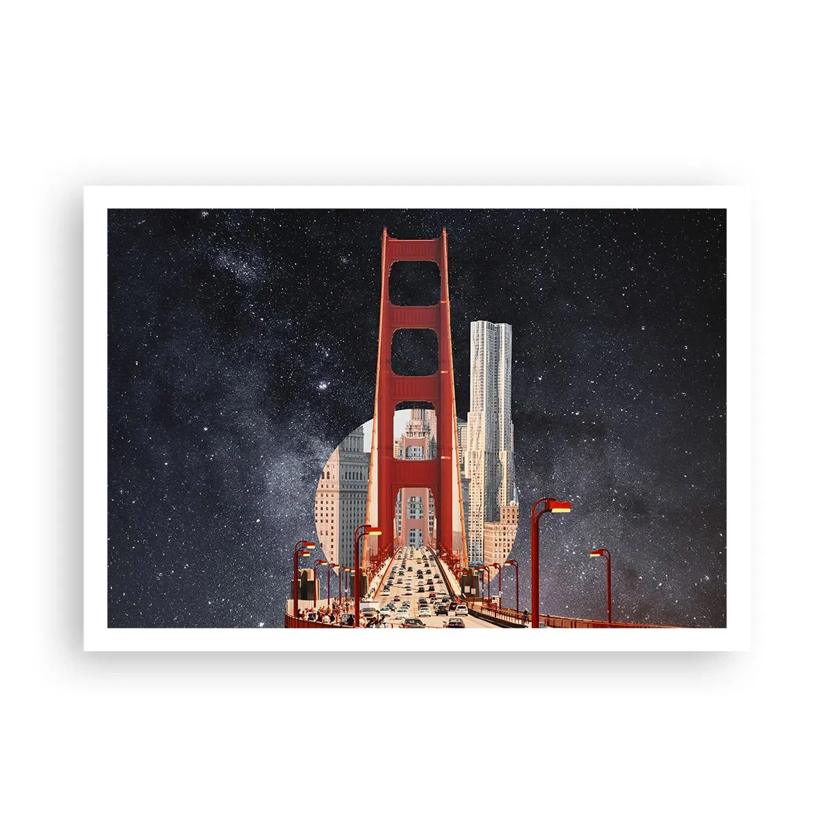 Poster - Die Golden Gate Bridge mit der Stadt im Hintergrund vor einem Sternenhimmel - 100x70cm - Immer im Mittelpunkt - Moderne Wanddekoration für Wohnzimmer und Schlafzimmer ARTTOR
