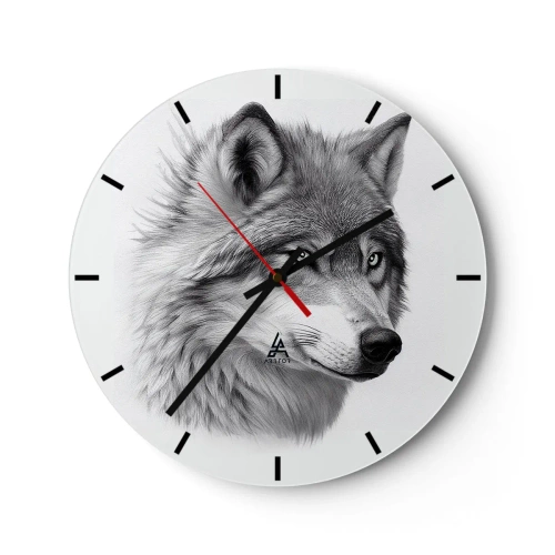Wanduhr - Glasuhr - Ein Schwarz-Weiß-Porträt eines Wolfes mit durchdringendem Blick. - 30x30cm - Alpha – ohne Zweifel - Moderne Wanddekoration für Wohnzimmer, Küche und Schlafzimmer ARTTOR