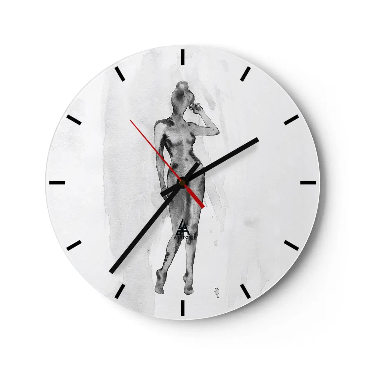 Wanduhr - Glasuhr - Silhouette einer Frau im Aquarellstil auf weißem Hintergrund - 30x30cm - Eine Studie über das Ideal der Weiblichkeit - Moderne Wanddekoration für Wohnzimmer, Küche und Schlafzimmer ARTTOR