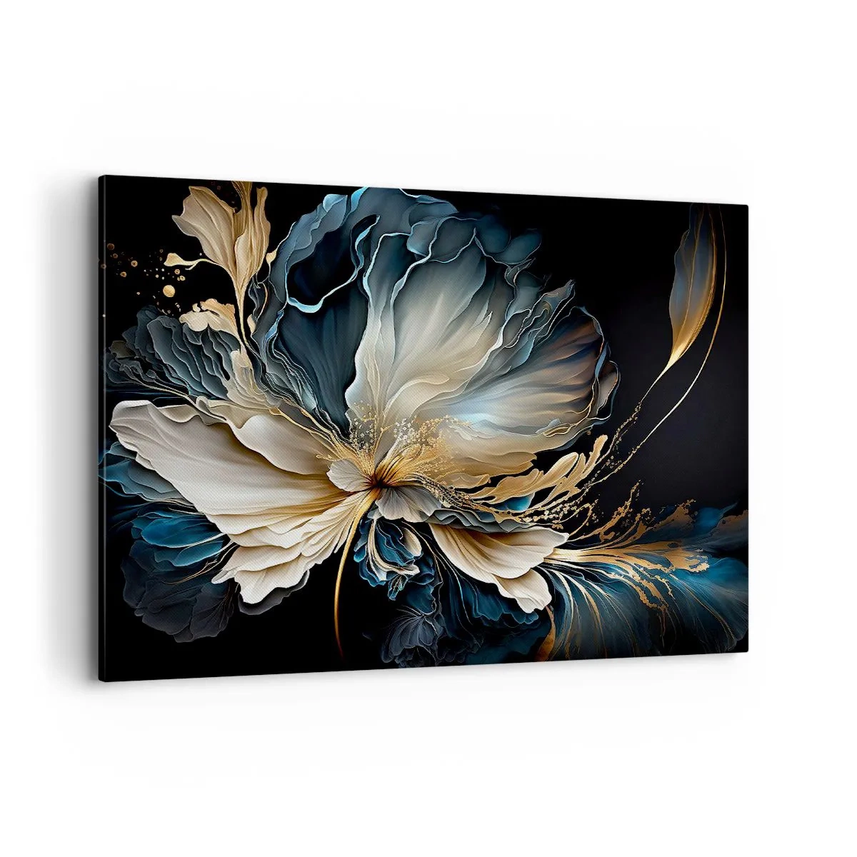 Bild auf Leinwand - Leinwandbild - Eine Blume in Gold- und Marineblautönen auf schwarzem Hintergrund - 100x70cm - Märchenhafte Farnblume - Moderne Wanddekoration für Wohnzimmer und Schlafzimmer ARTTOR